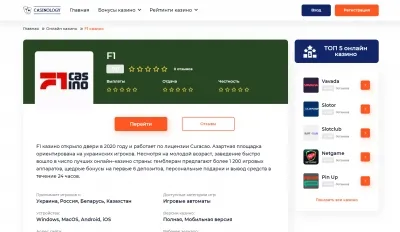 Главные особенности онлайн казино F1 по мнению Casinology